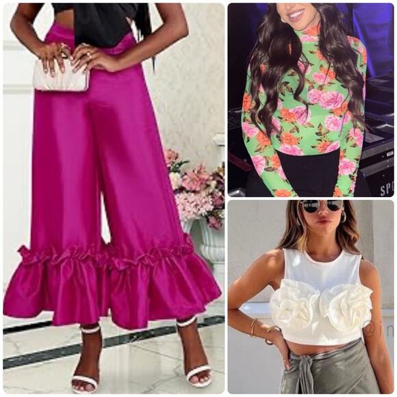 Fashion Bundle Outfit 3D Floral Crop Top Mesh Long Sleeves Satin Ruffle Pants S - Picture 2 of 10